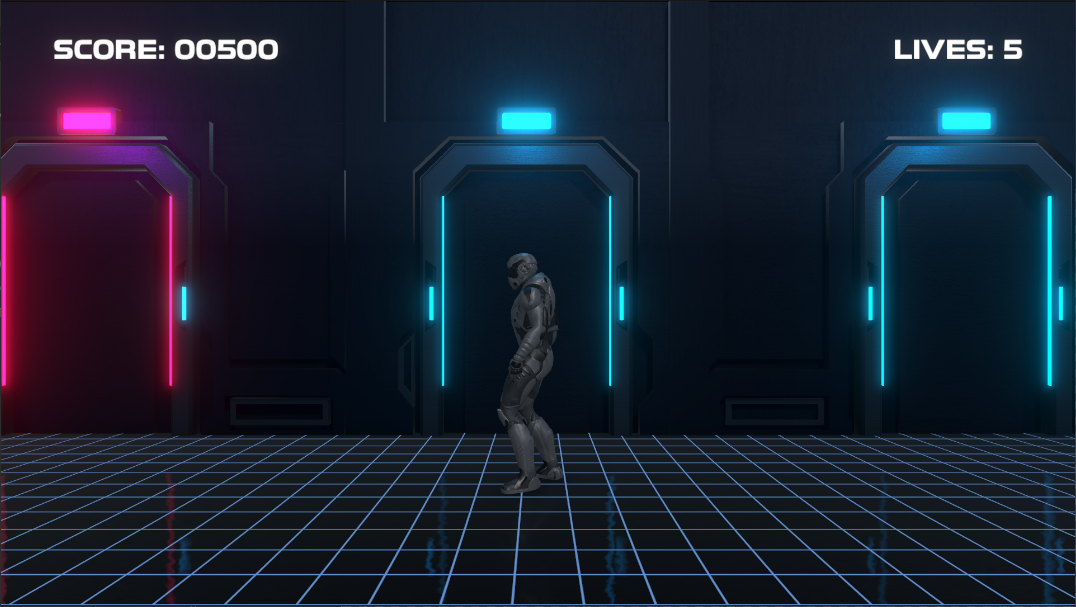 A space cadet standing in the Space Academy corridor