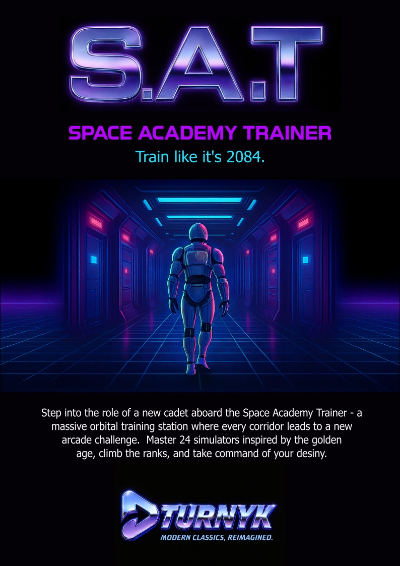S.A.T. — Space Academy Trainer teaser poster: neon corridor with cadet, Turnyk branding